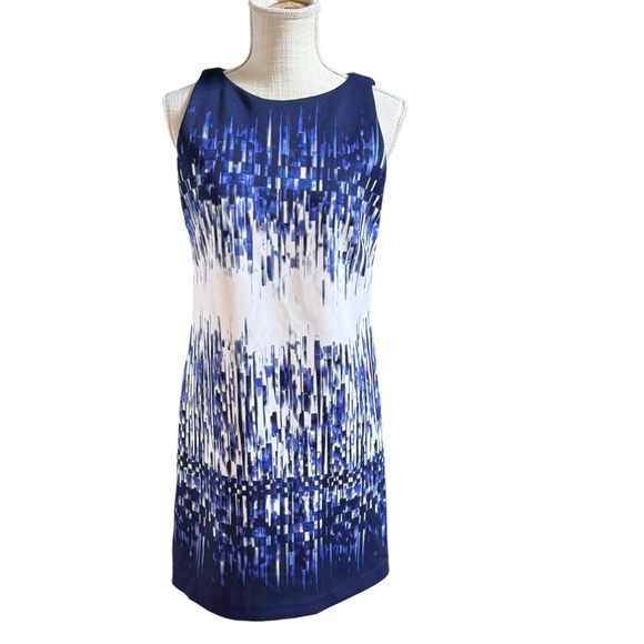 Vince‎ Camuto Womens  Blue and White  Geometric Print Sheath Midi Dress Size 4 - Picture 1 of 11